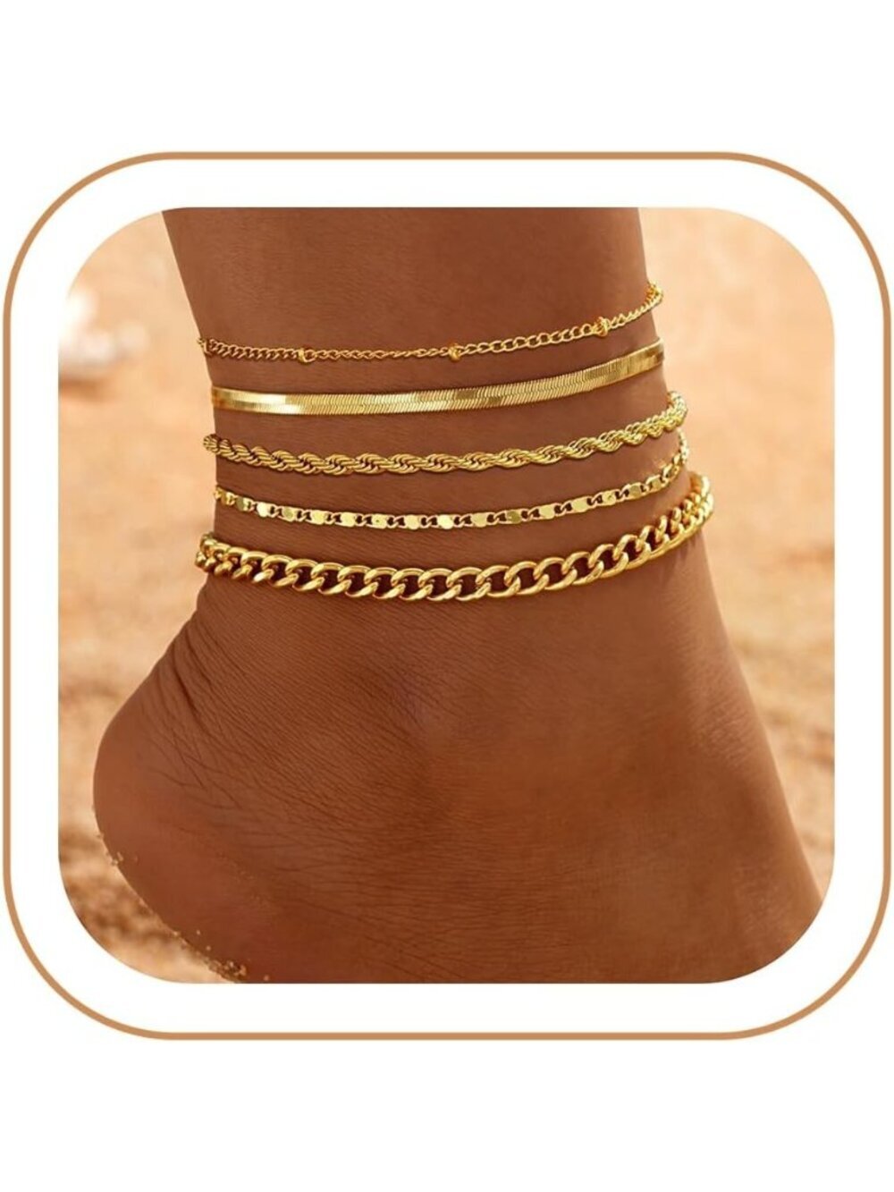 Women's 14k Gold Plated 2 Waterproof Cuban Link Chain Layered Anklet Bracelets